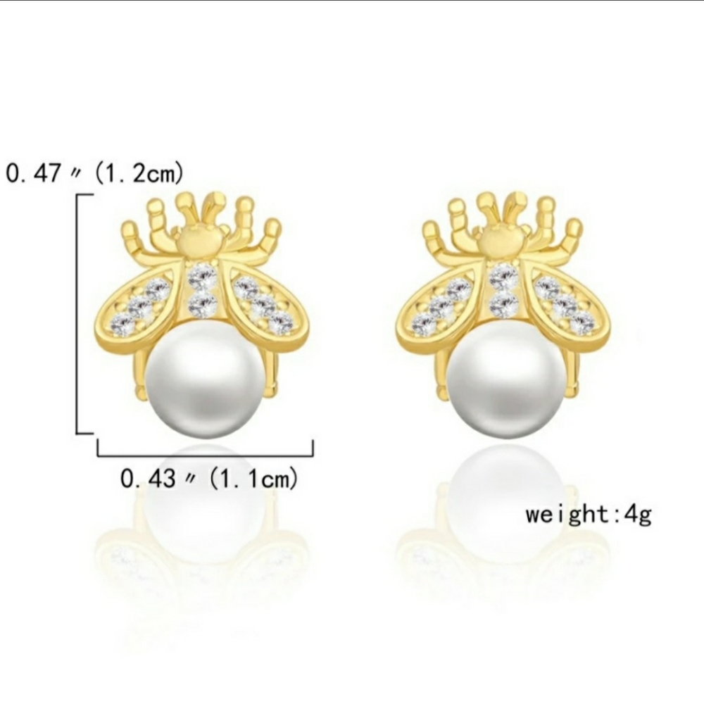Bee Earrings Pearl Rhinestone  Gold Vermeil S925 Studs - Picture 9 of 14